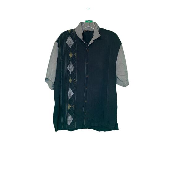 Tommy Bahama Silk Shirt Men Large 100% Silk Black Diamond Pattern Casual Button - Picture 1 of 9